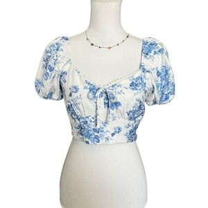 Monteau Blue Floral Puff Sleeve Blouse